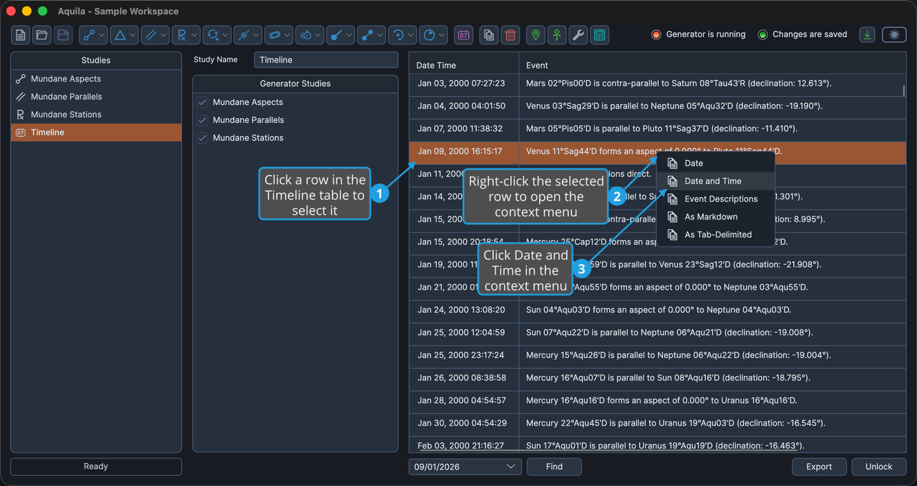 A loaded Timeline study with a single row selected and right-clicked on the Event column, with Date and Time highlighted.