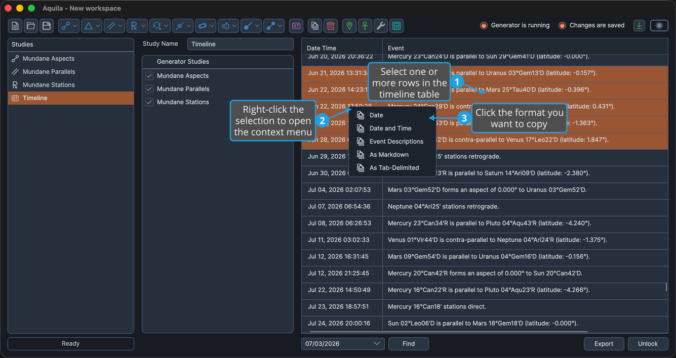 A loaded timeline table with several rows selected and the right-click context menu open.