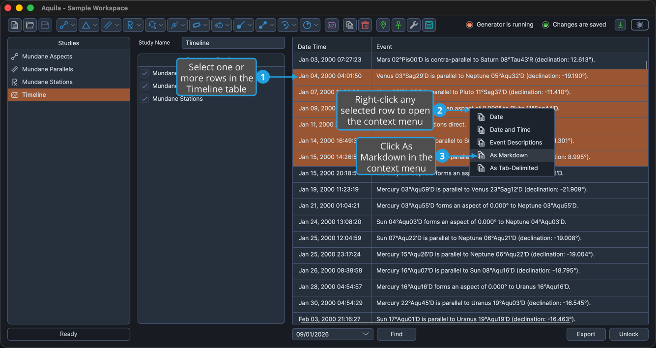 A loaded Timeline study with a contiguous block of rows selected, with As Markdown highlighted.