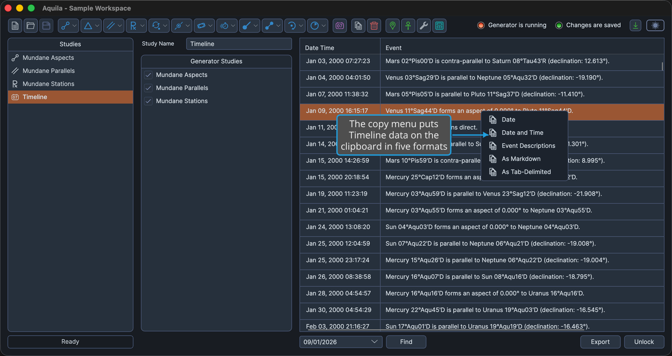 A loaded Timeline study with a row right-clicked on the Event column so the copy menu is open.