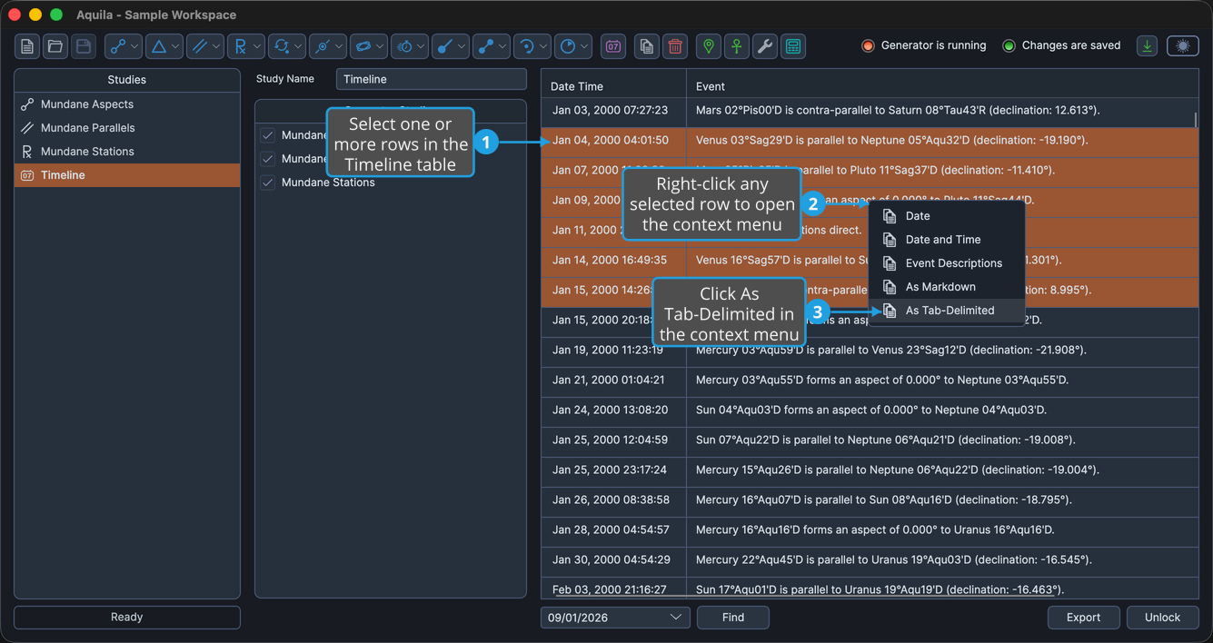 A loaded Timeline study with a contiguous block of rows selected, with As Tab-Delimited highlighted.
