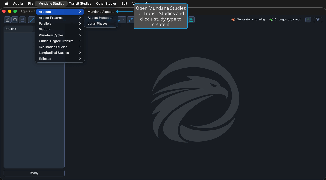 The Mundane Studies menu open with the Aspects submenu expanded to a study type.