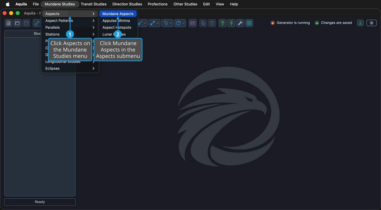 The Mundane Studies menu open and its Aspects submenu cascaded out, showing Mundane Aspects.