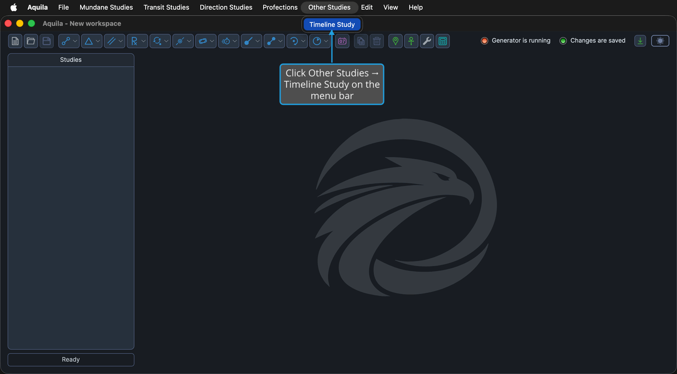 The Other Studies menu open, showing its Timeline Study command.