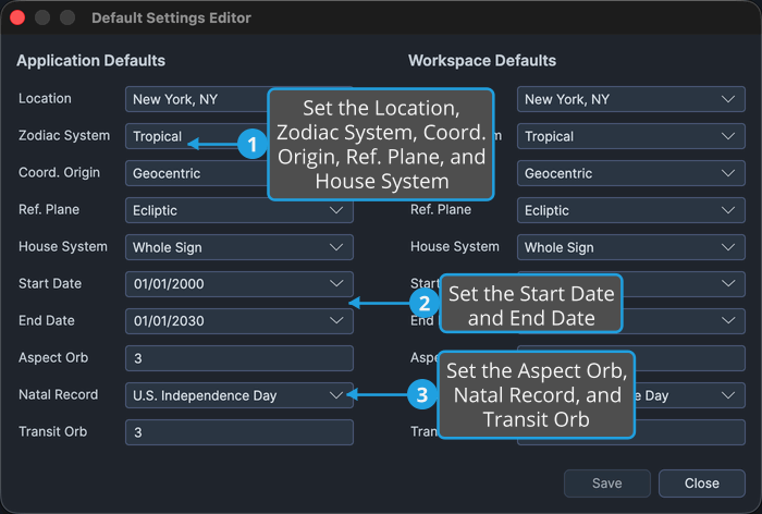 The Default Settings Editor's left Application Defaults column.