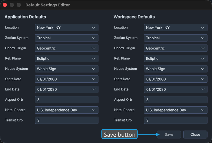 The Default Settings Editor window, both columns showing their current values.