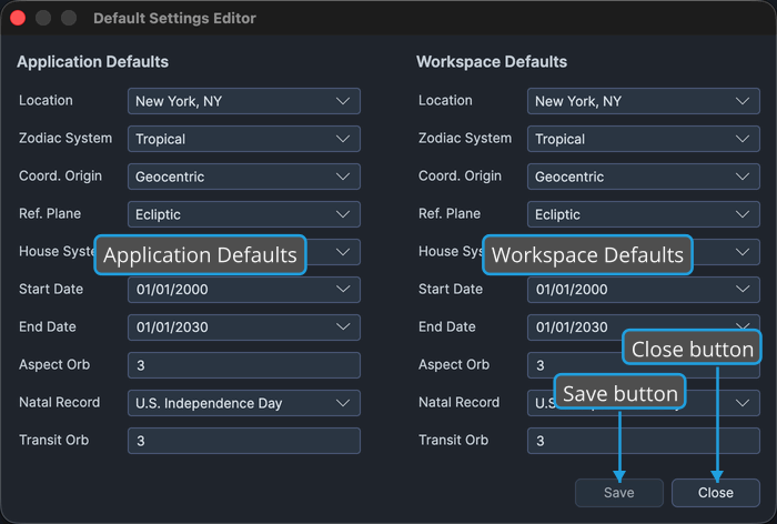 The Default Settings Editor window with its two columns.