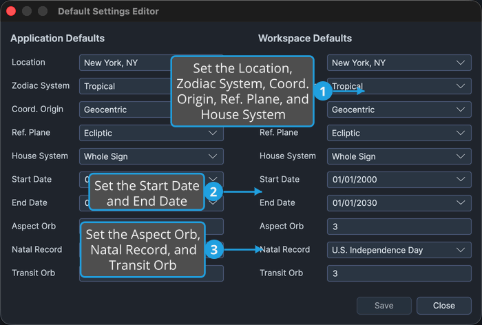The Default Settings Editor's right Workspace Defaults column.