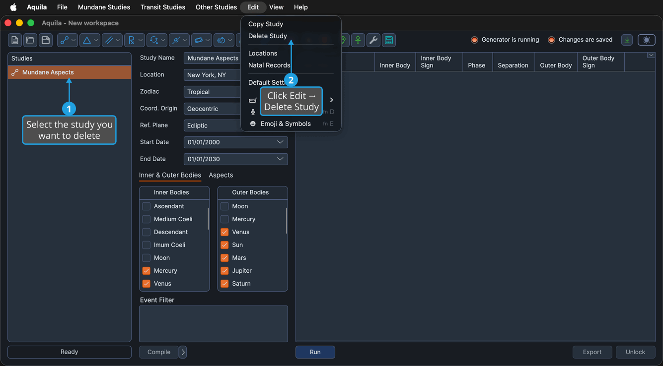 A workspace with a study selected in the Studies list and the Edit menu open showing the Delete Study command.