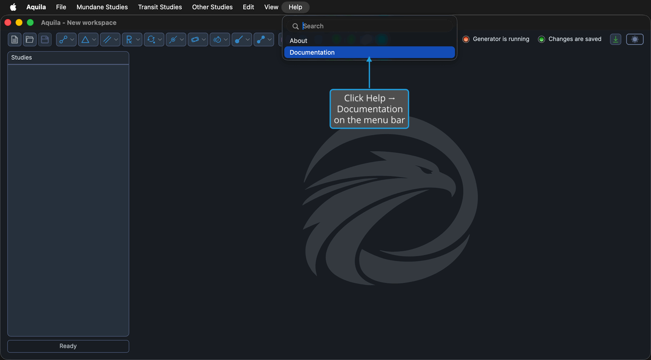 The Help menu open, with the Documentation command visible.