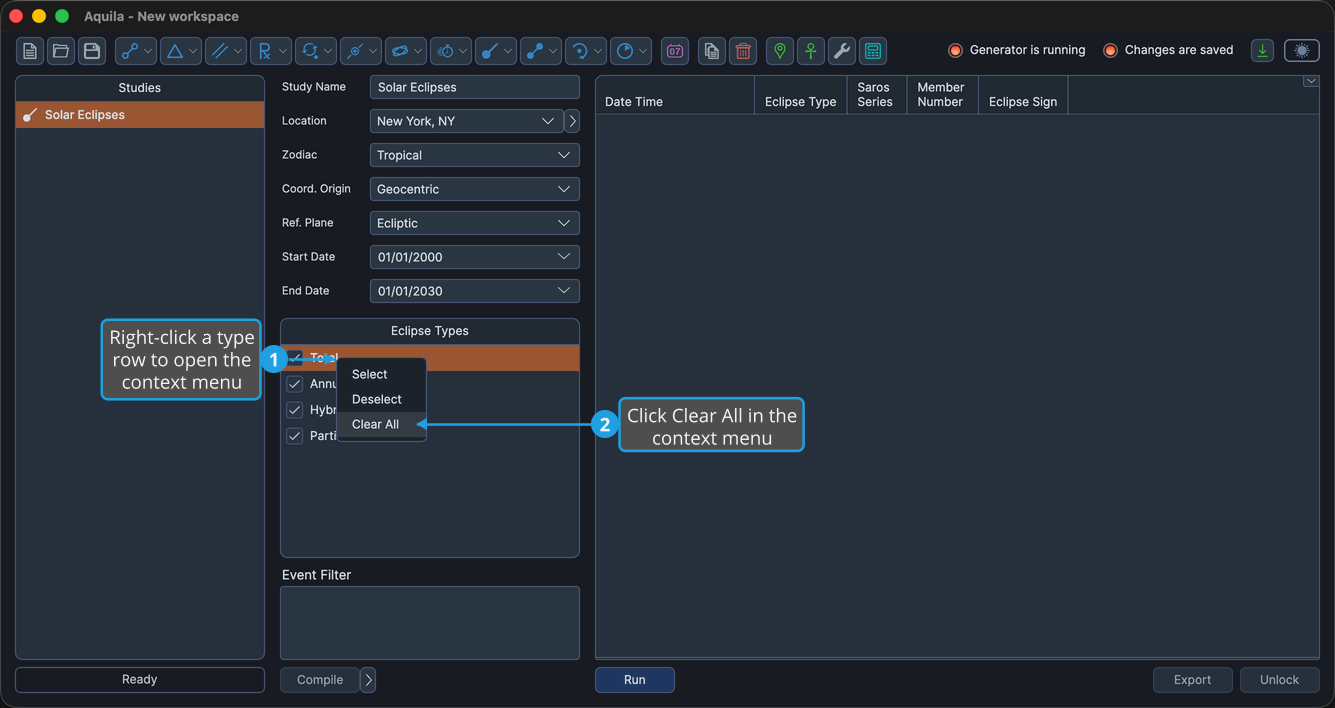 An unlocked Solar Eclipses study with several types checked and the Eclipse Types context menu open from a right-click on a type row.