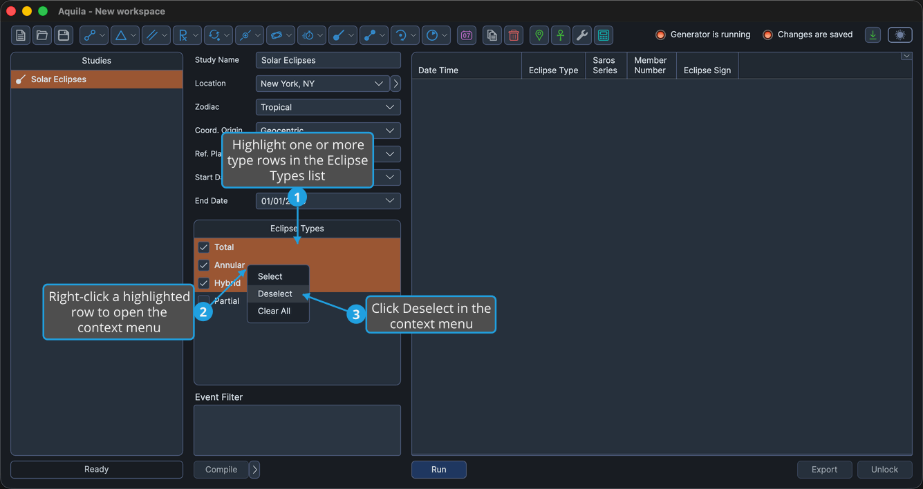 An unlocked Solar Eclipses study with three checked type rows highlighted as a contiguous range in the Eclipse Types list and the context menu open from a right-click inside that range.