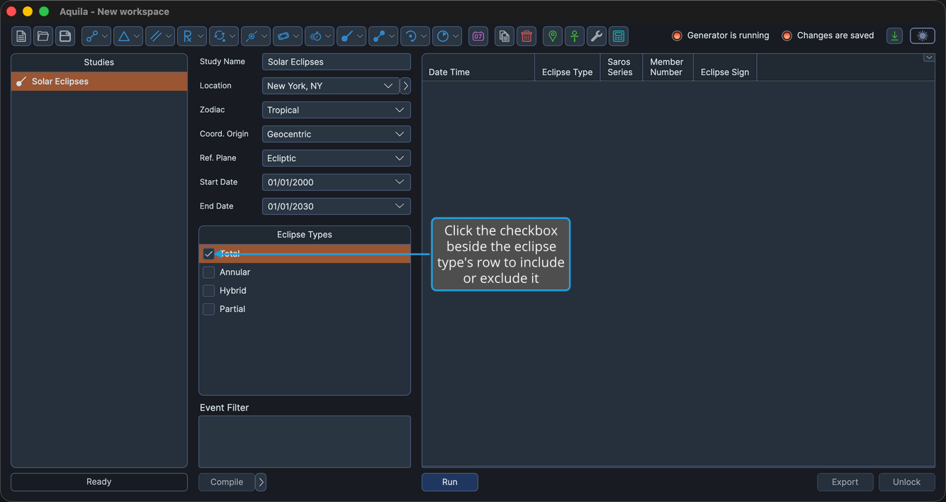 An unlocked Solar Eclipses study whose Eclipse Types list shows Total, Annular, Hybrid and Partial, one checkbox freshly changed.