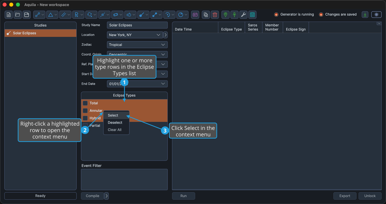 An unlocked Solar Eclipses study with three type rows highlighted as a contiguous range in the Eclipse Types list and the context menu open from a right-click inside that range.