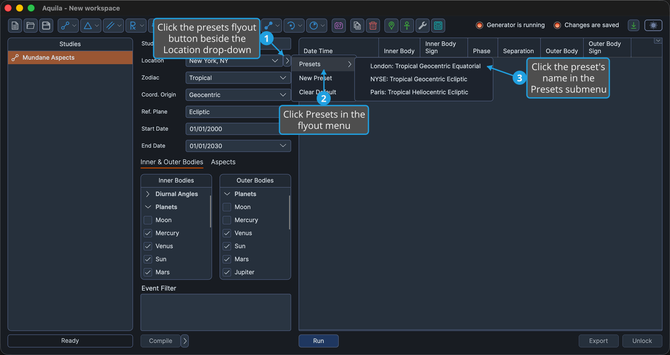 An unlocked study with the presets flyout button beside the Location drop-down clicked so the flyout menu is open and the Presets submenu cascaded out.