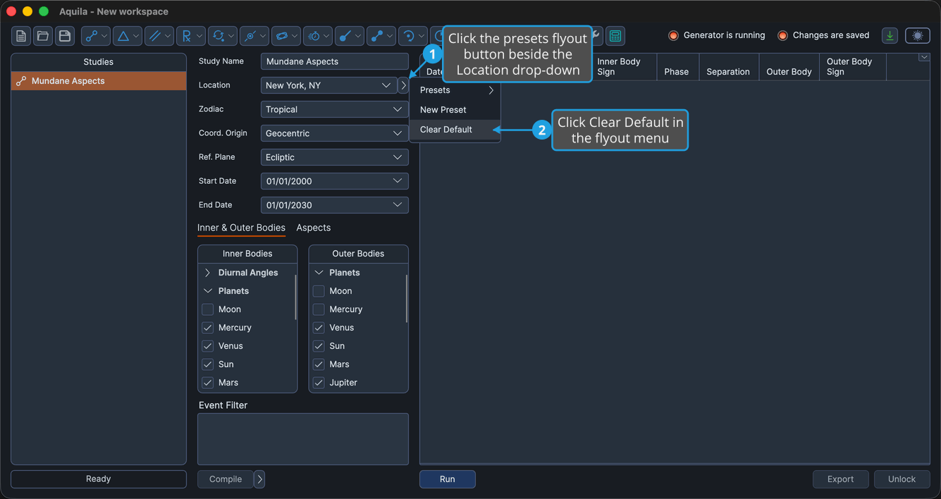 An unlocked study with the presets flyout button beside the Location drop-down clicked so the flyout menu is open, showing Presets, New Preset and Clear Default, with Clear Default highlighted.