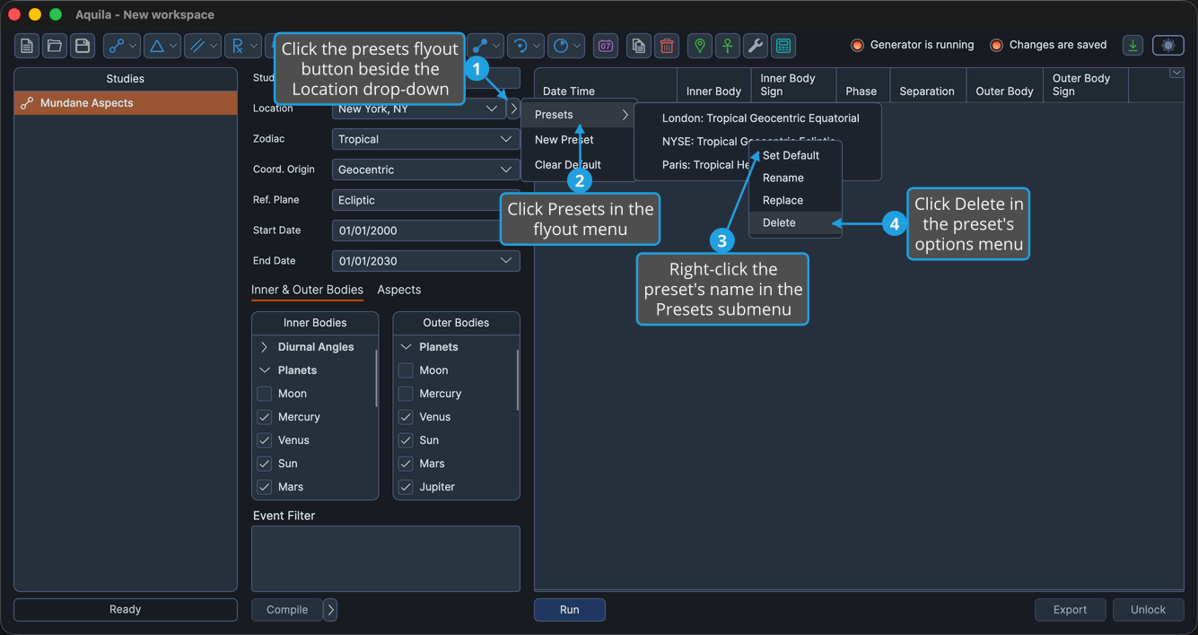 An unlocked study with the presets flyout button beside the Location drop-down clicked so the flyout menu is open, the Presets submenu cascaded out, and a saved preset's name right-clicked inside that submenu, with Delete highlighted.