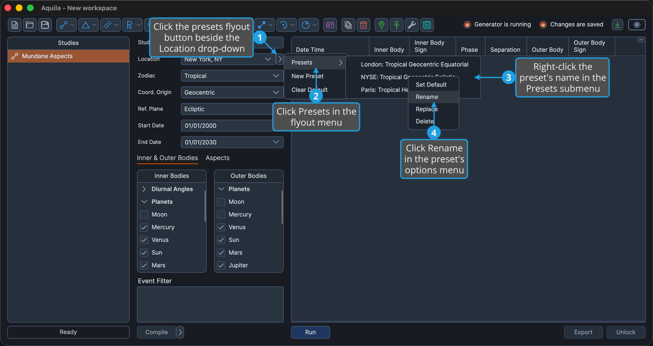 An unlocked study with the presets flyout button beside the Location drop-down clicked so the flyout menu is open, the Presets submenu cascaded out, and a saved preset's name right-clicked inside that submenu, with Rename highlighted.