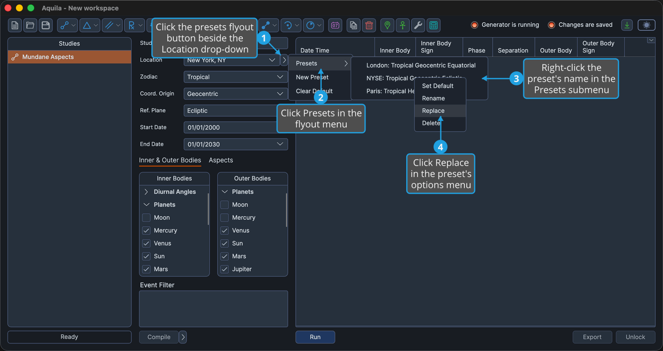 An unlocked study with the presets flyout button beside the Location drop-down clicked so the flyout menu is open, the Presets submenu cascaded out, and a saved preset's name right-clicked inside that submenu, with Replace highlighted.