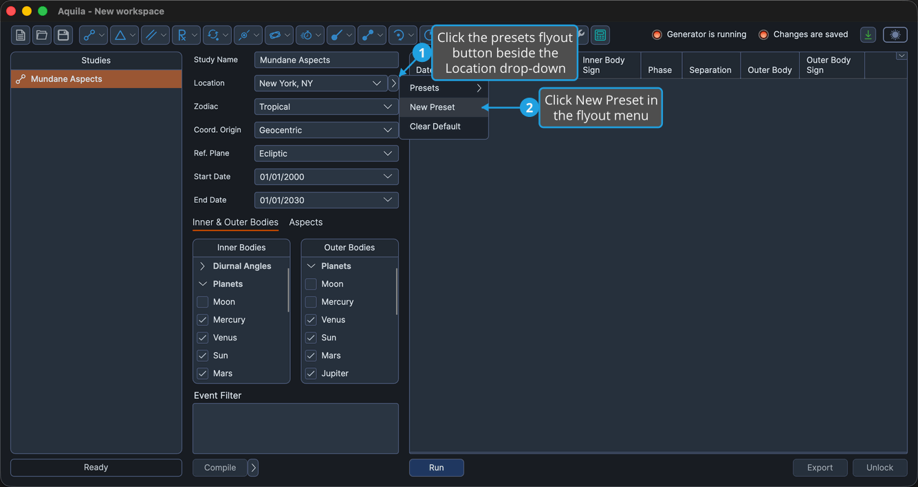 An unlocked study with the presets flyout button beside the Location drop-down clicked so the flyout menu is open, showing Presets, New Preset and Clear Default, with New Preset highlighted.
