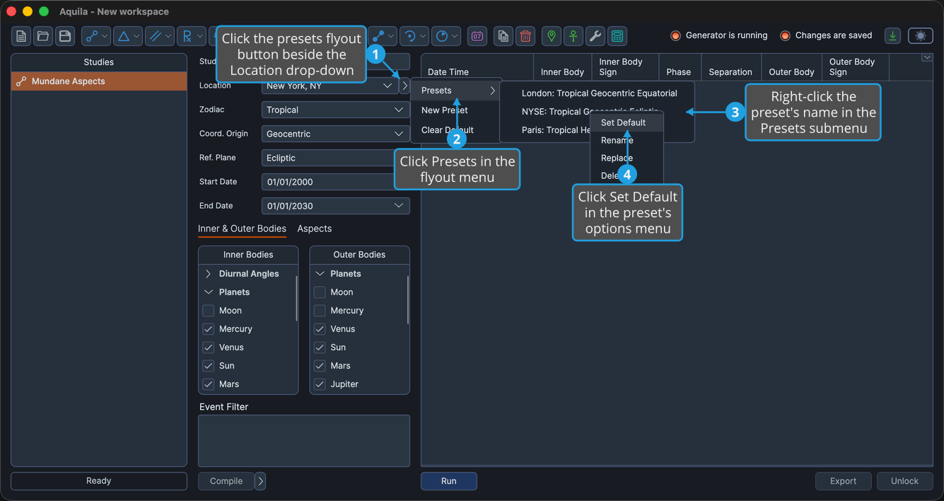 An unlocked study with the presets flyout button beside the Location drop-down clicked so the flyout menu is open, the Presets submenu cascaded out, and a saved preset's name right-clicked inside that submenu, with Set Default highlighted.