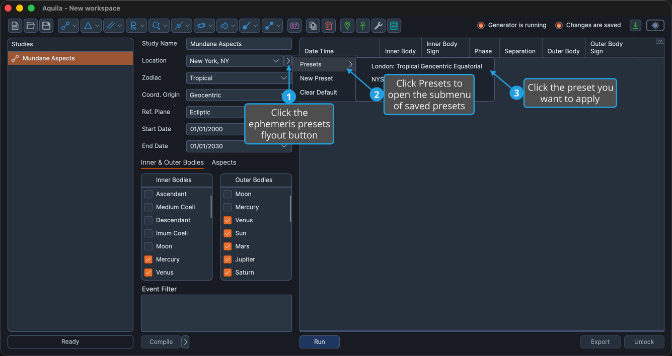 The ephemeris preset menu open with the Presets submenu expanded, showing the list of available presets.