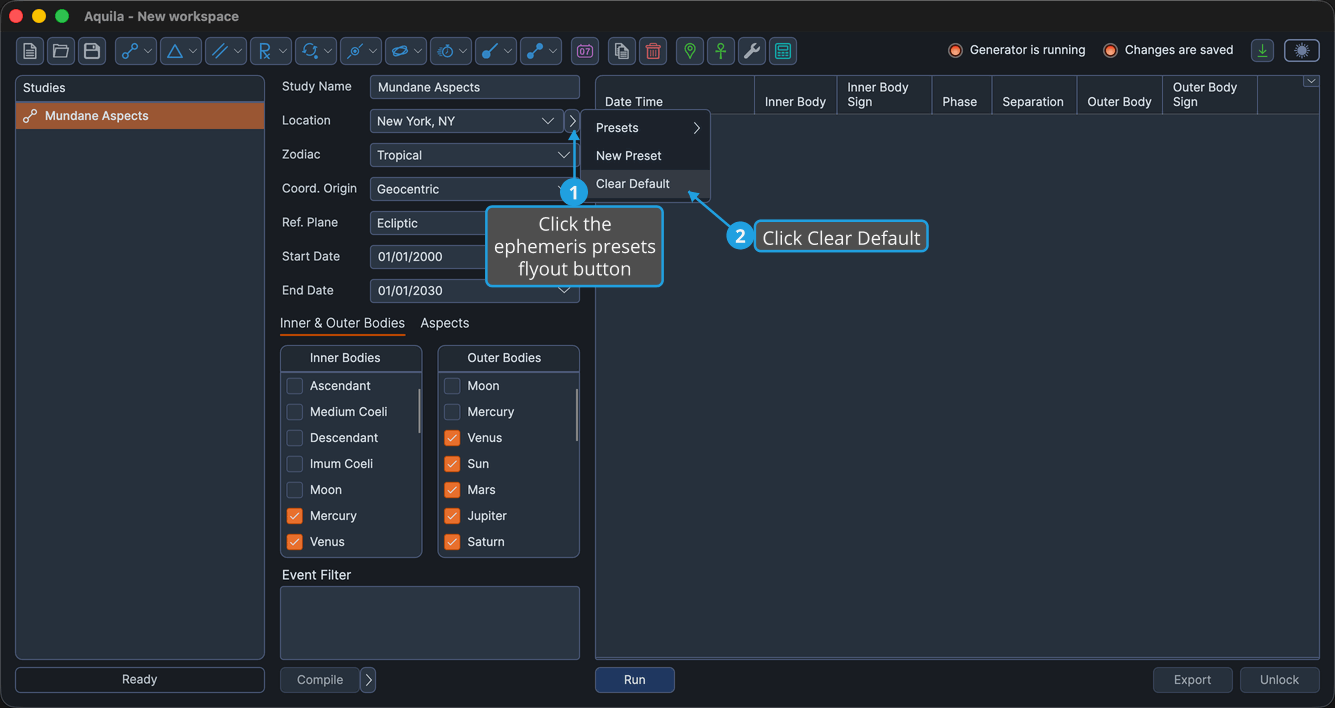 The ephemeris preset menu open showing the Clear Default command.