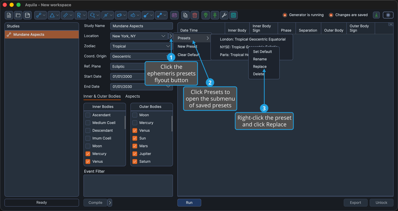 The saved-preset right-click context menu open, showing the Set Default, Rename, Replace, and Delete commands.