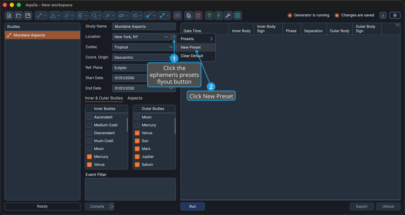 The ephemeris preset menu open showing the New Preset command.