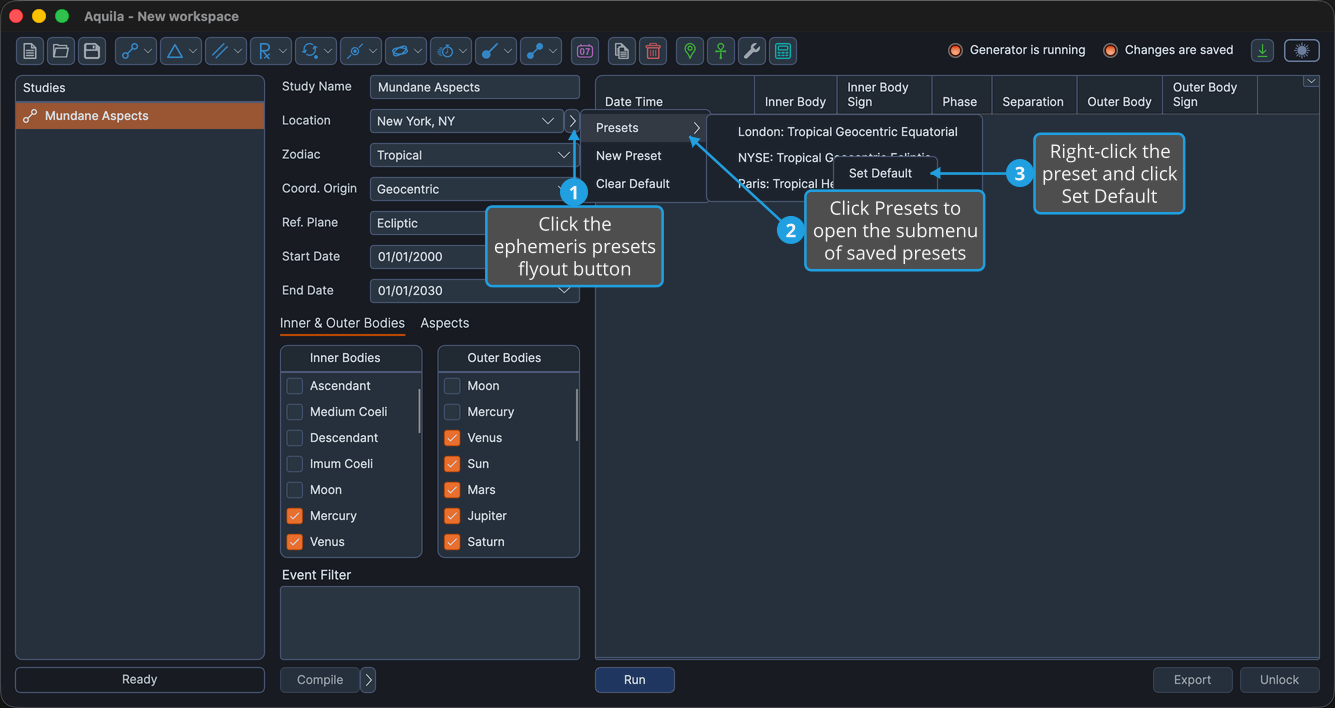 The saved-preset right-click context menu open, showing the Set Default, Rename, Replace, and Delete commands.