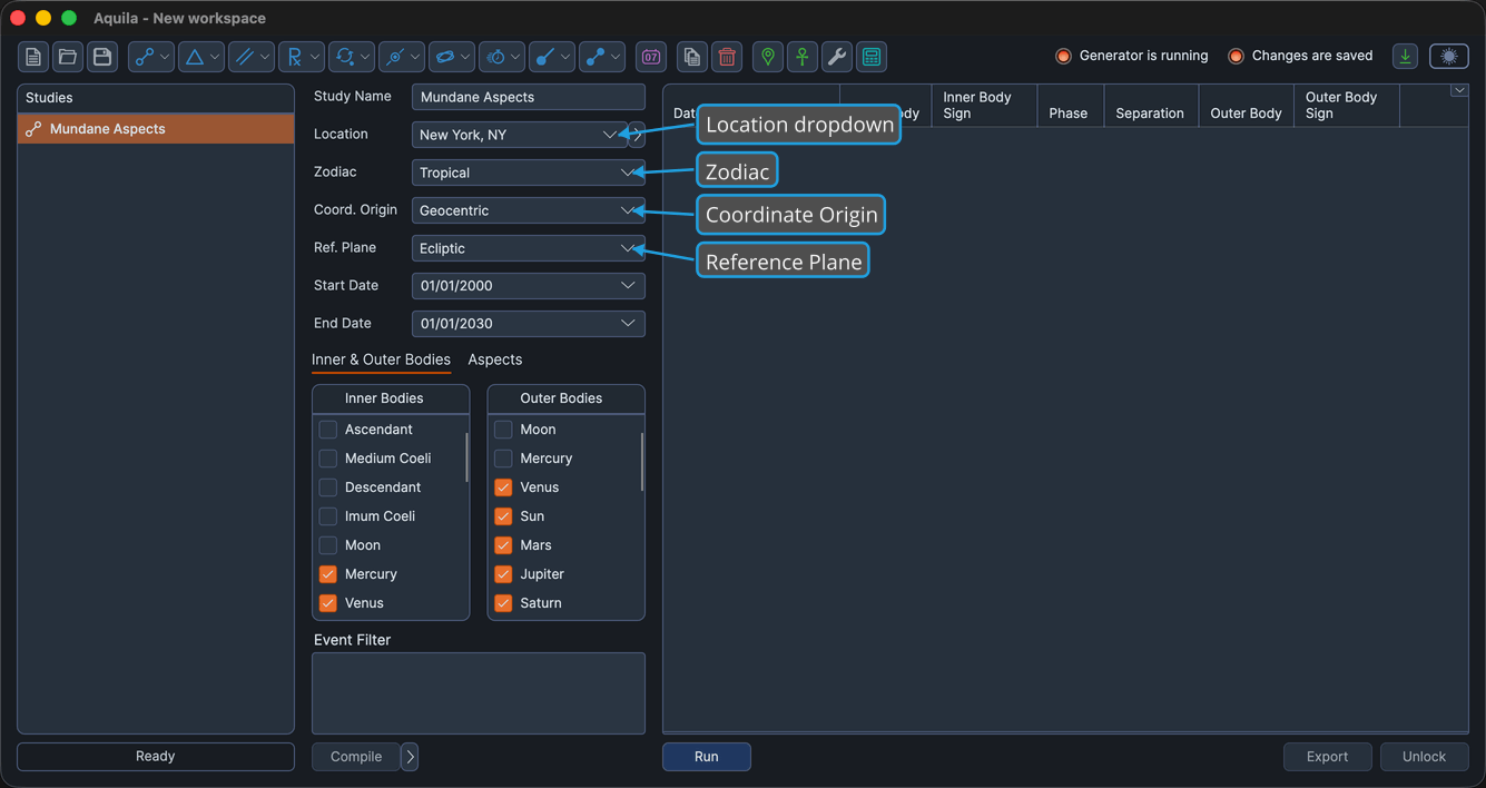 A study's Ephemeris Settings panel.