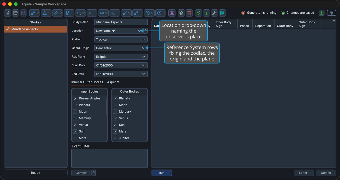 An unlocked study showing the four Ephemeris rows in the settings column, every row holding a value.