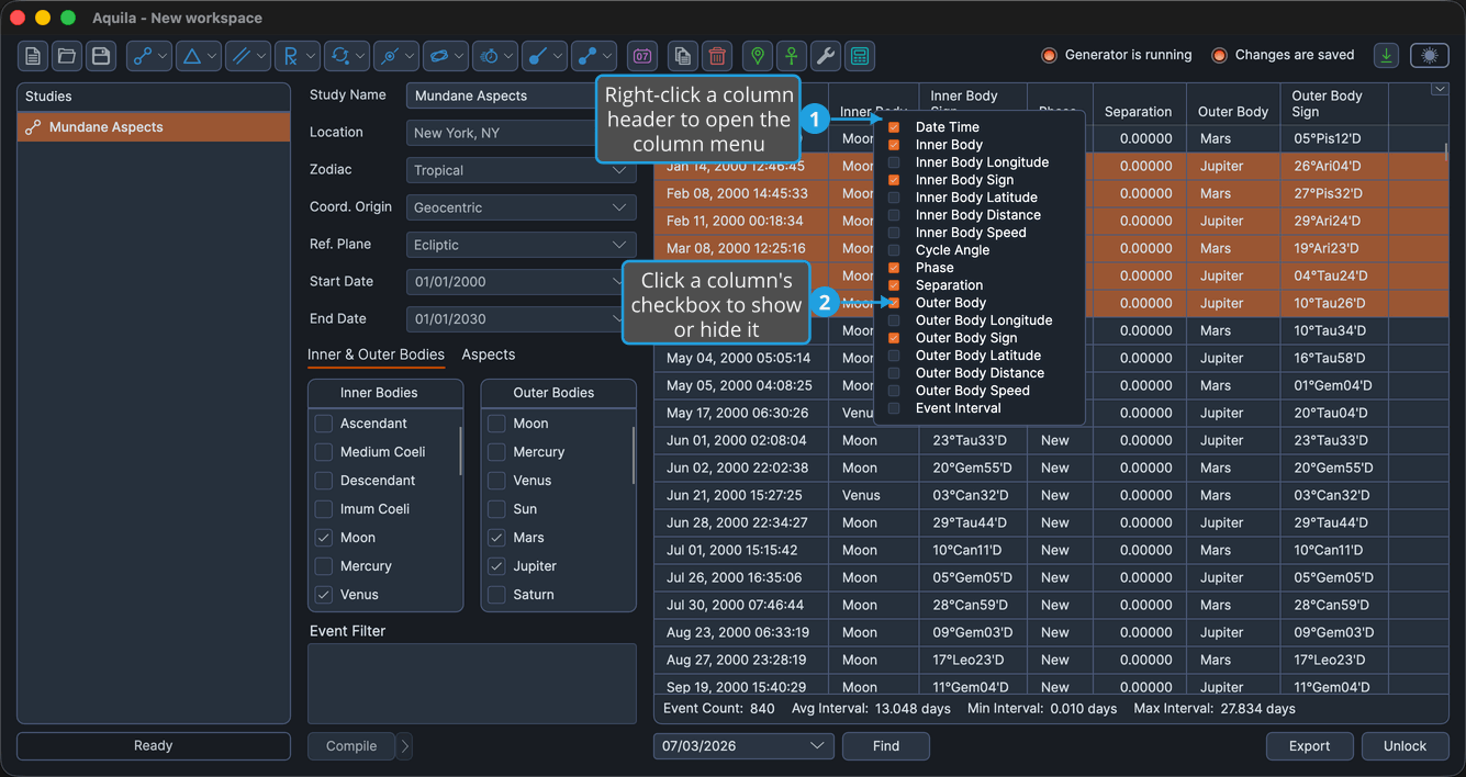 A populated events table with the right-click column menu open on a column header, listing the available columns.