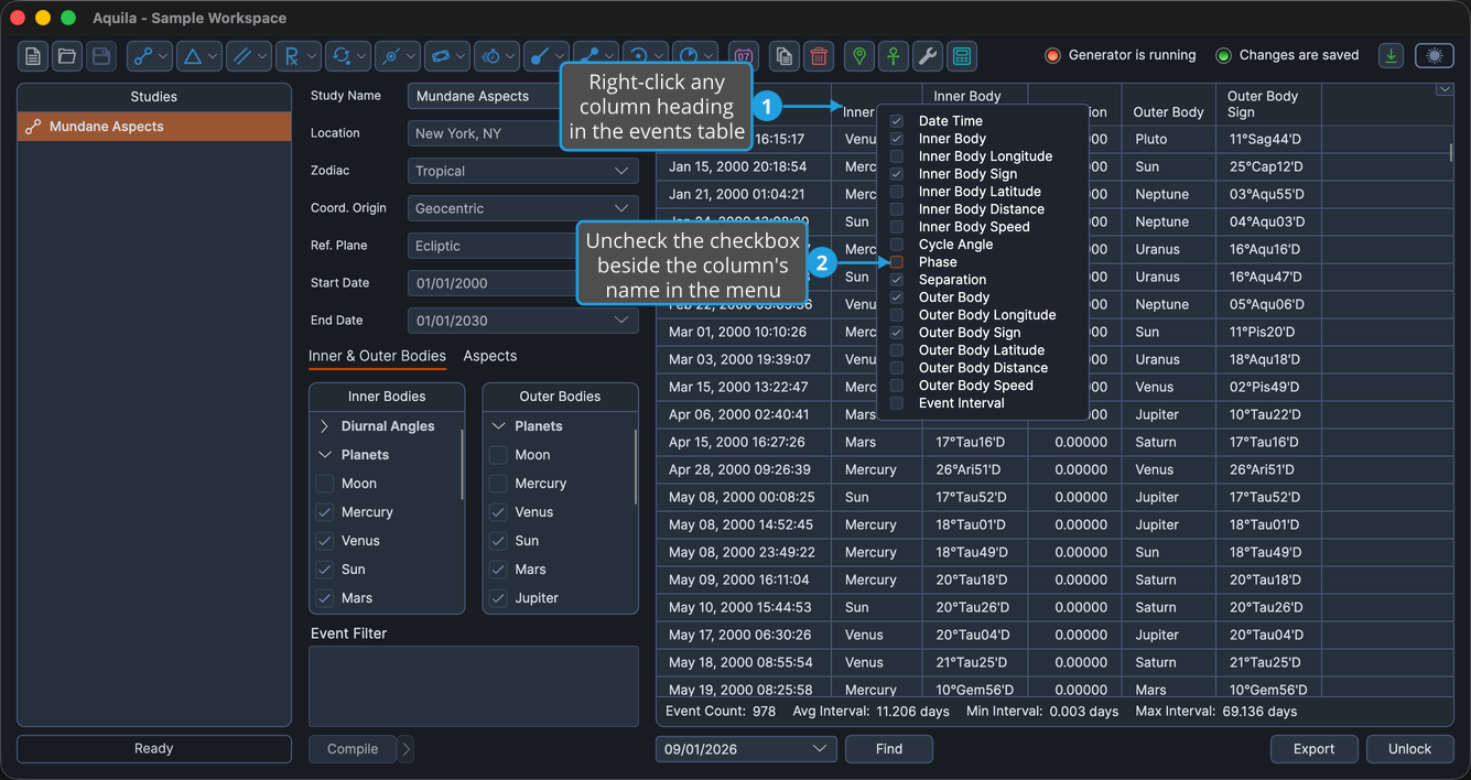 A locked study with a column header right-clicked so the column-visibility menu is open, a visible column's checkbox freshly unchecked.