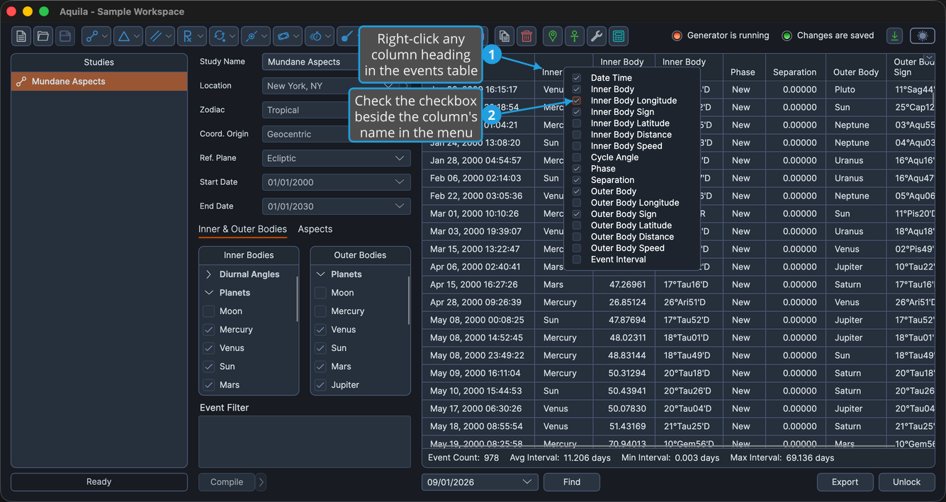 A locked study with a column header right-clicked so the column-visibility menu is open, a hidden column's checkbox freshly checked.