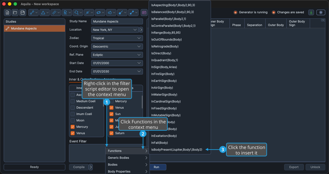 The filter script editor with its right-click context menu open and the Functions submenu expanded.