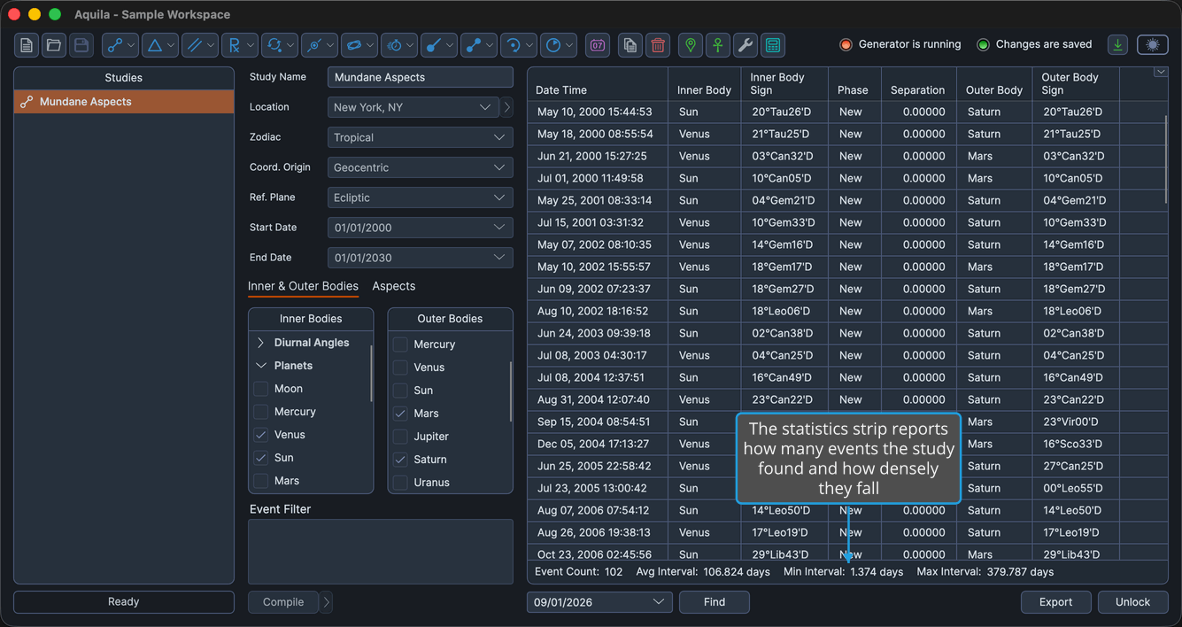 A locked study whose events have been generated, so the statistics strip shows beneath the events table.