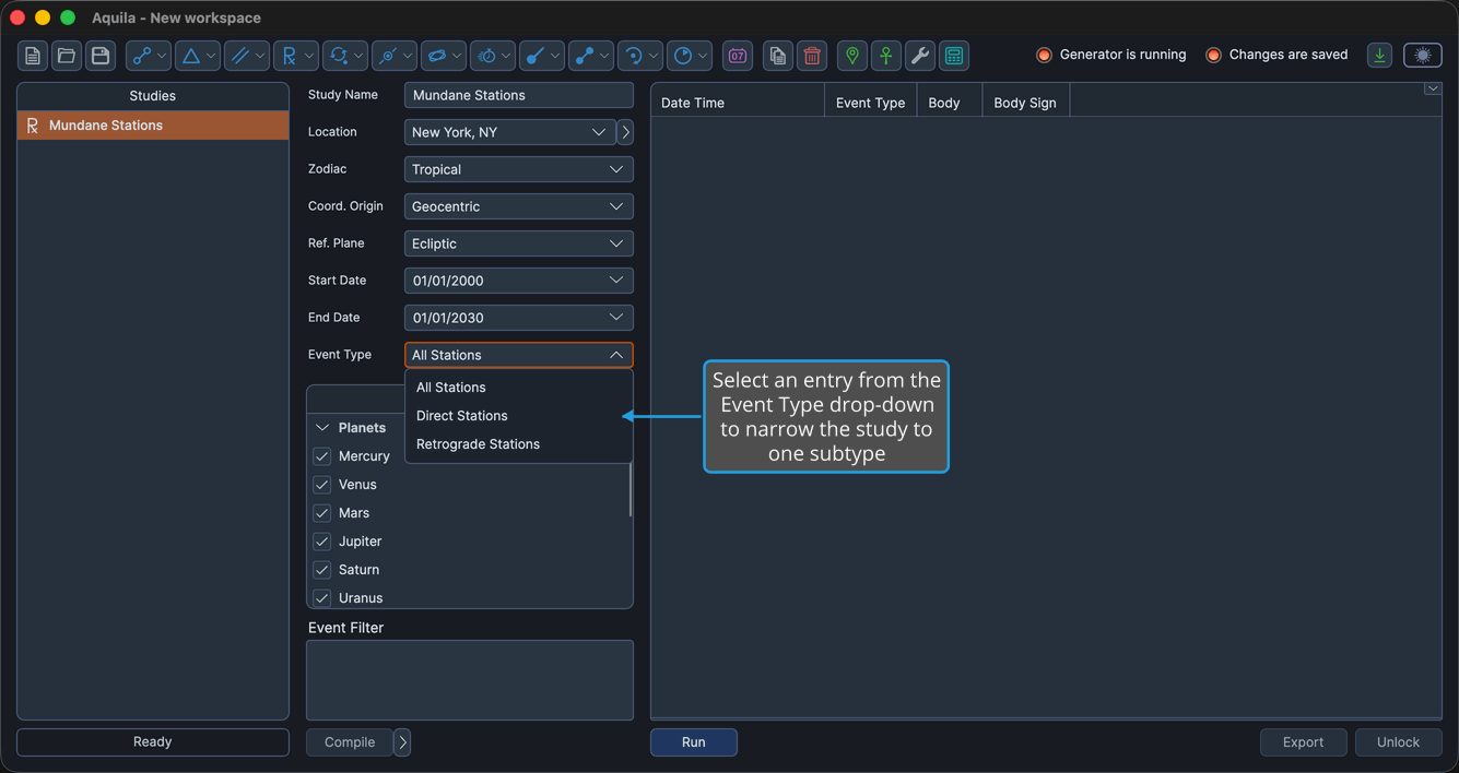 An unlocked Mundane Stations study with the Event Type drop-down open, showing All Stations, Direct Stations and Retrograde Stations.