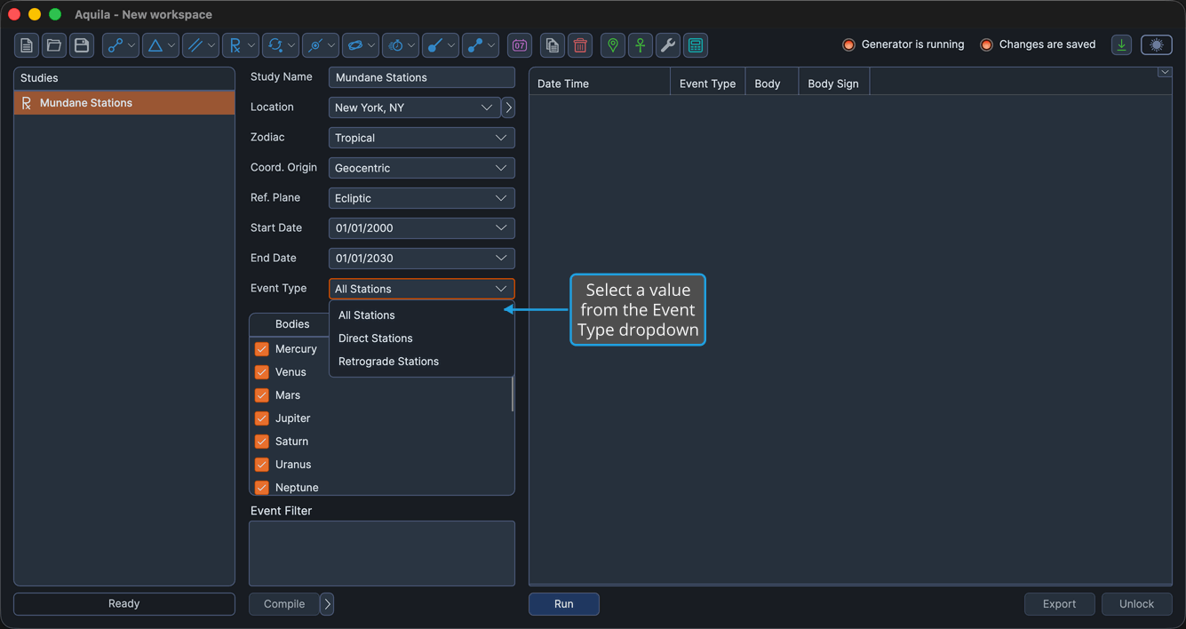 A study's Event Type dropdown open, showing its list of event subtypes.