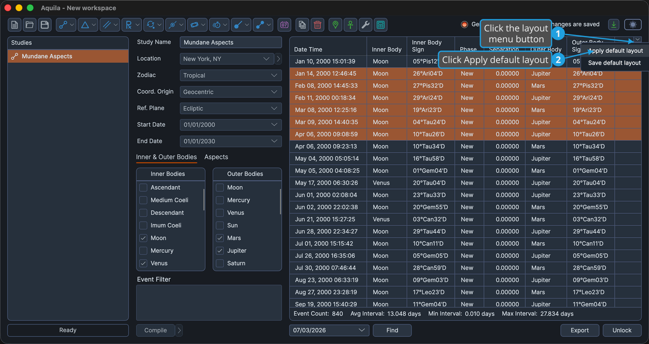 The events table with the layout menu button's flyout open.