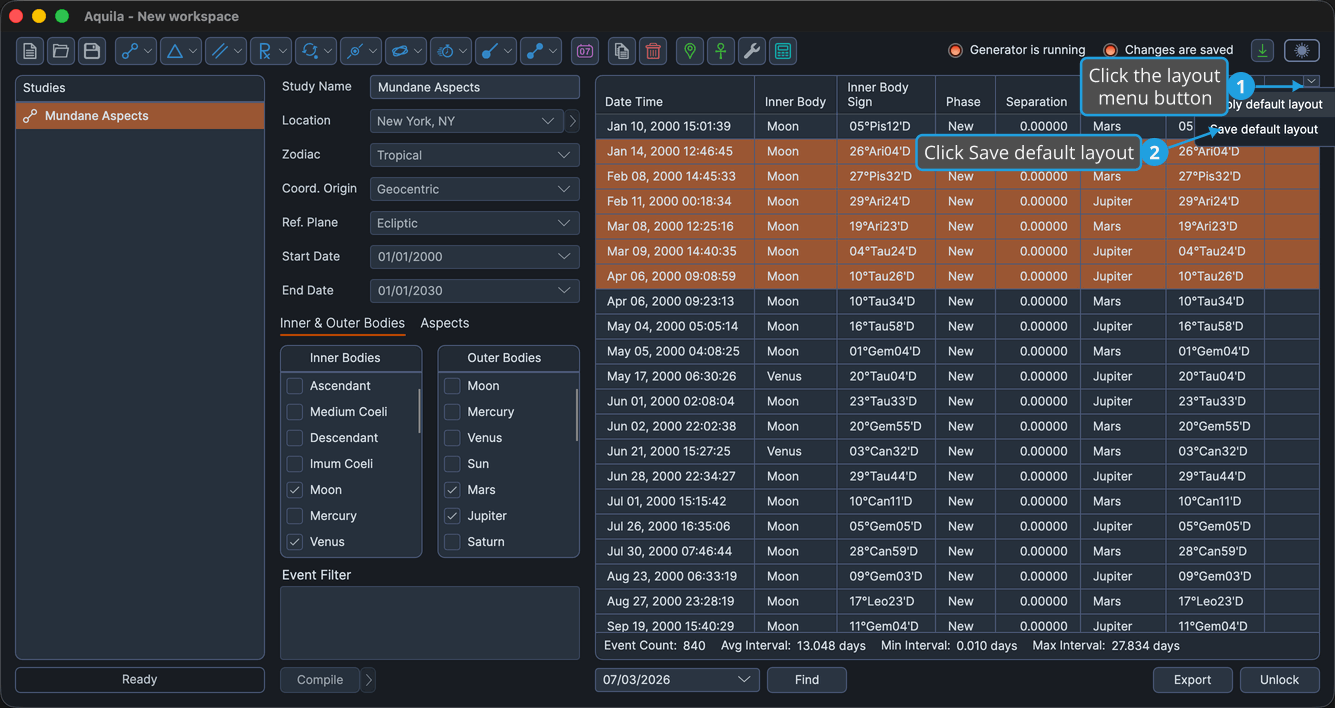 The events table with the layout menu button's flyout open.