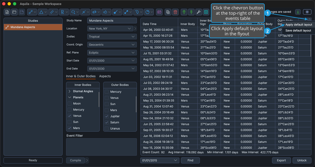 A locked study with the layout flyout open from the chevron button at the top-right corner of the events table, with Apply default layout highlighted.