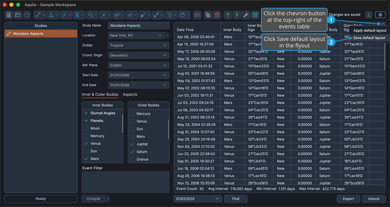 A locked study with the layout flyout open from the chevron button at the top-right corner of the events table, with Save default layout highlighted.