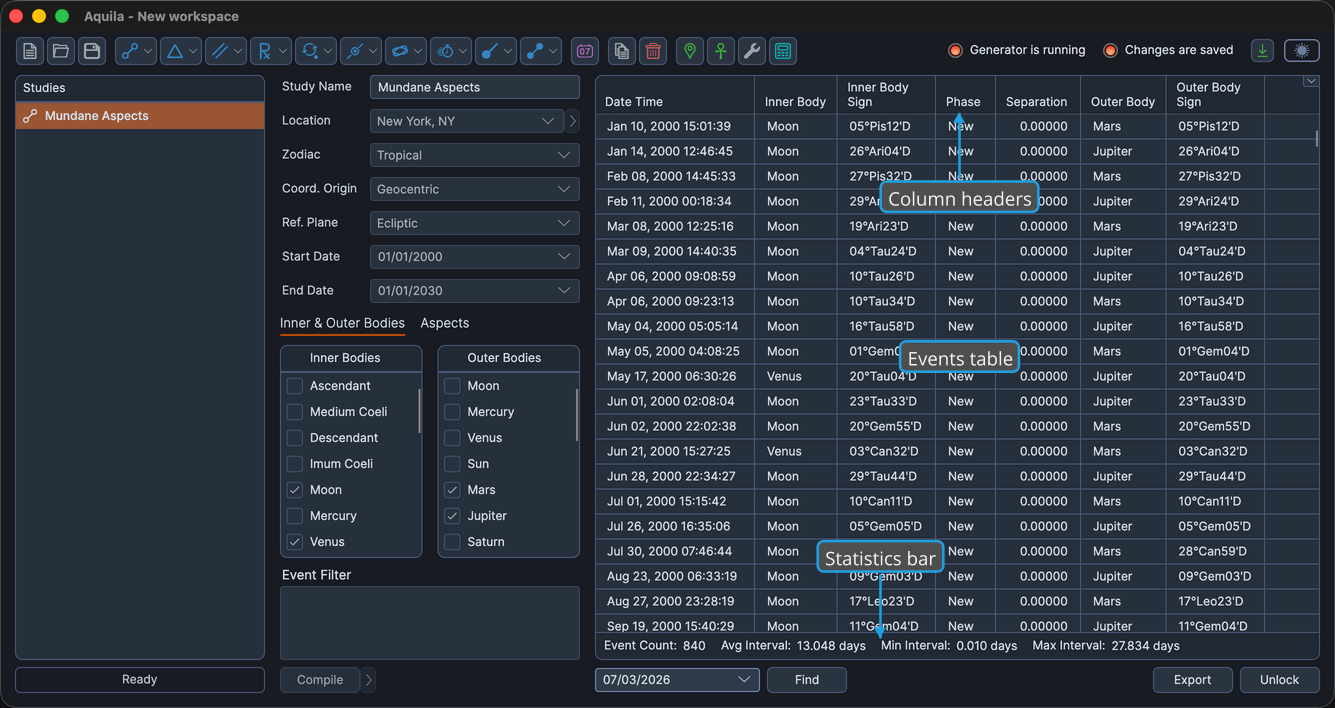 A generator study with a populated events table.