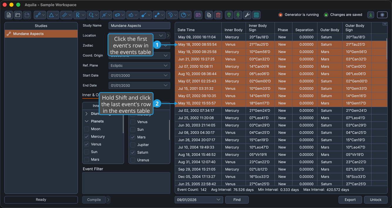 A locked study whose events table is populated, with a contiguous block of rows highlighted.