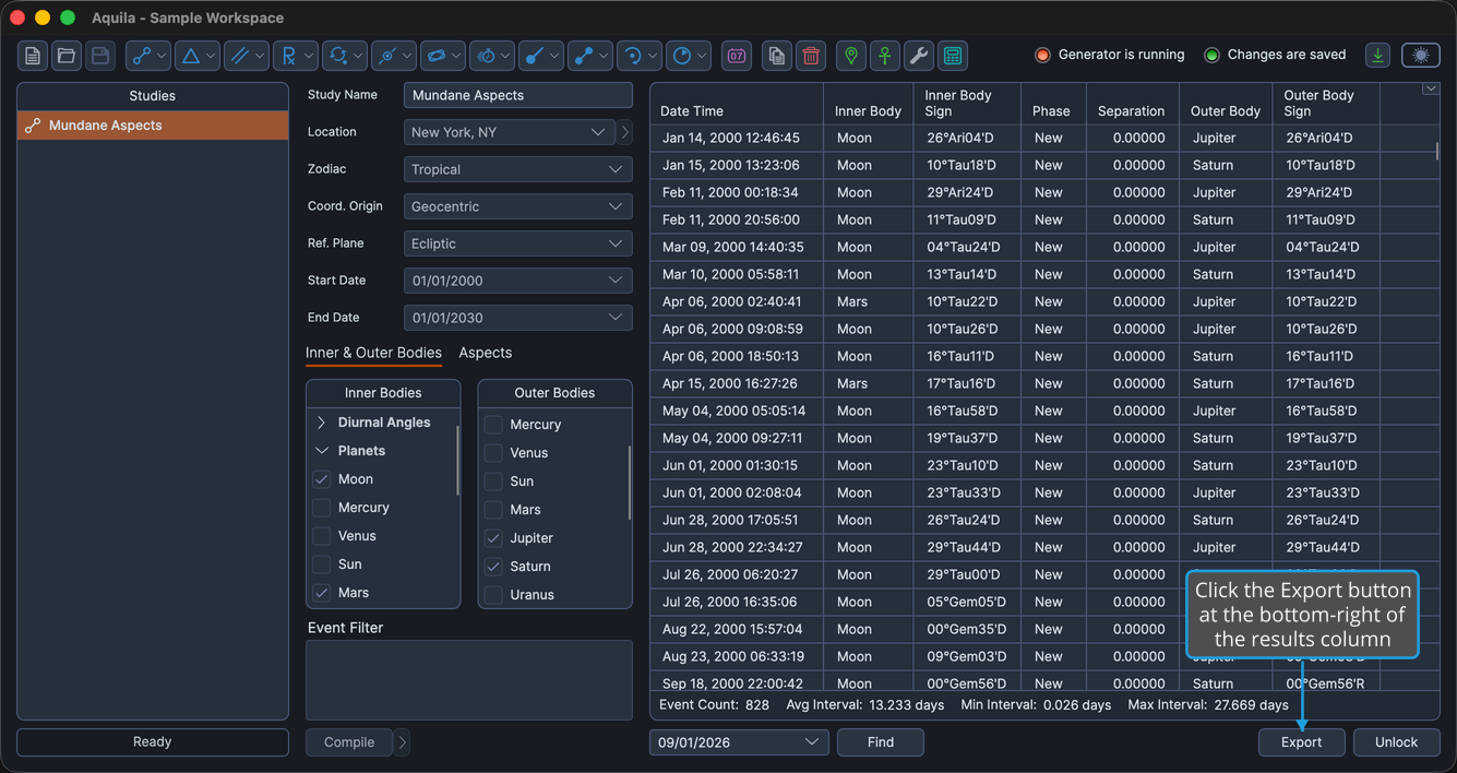 A locked study whose events have been generated, so the Export button is enabled at the bottom-right of the results column.
