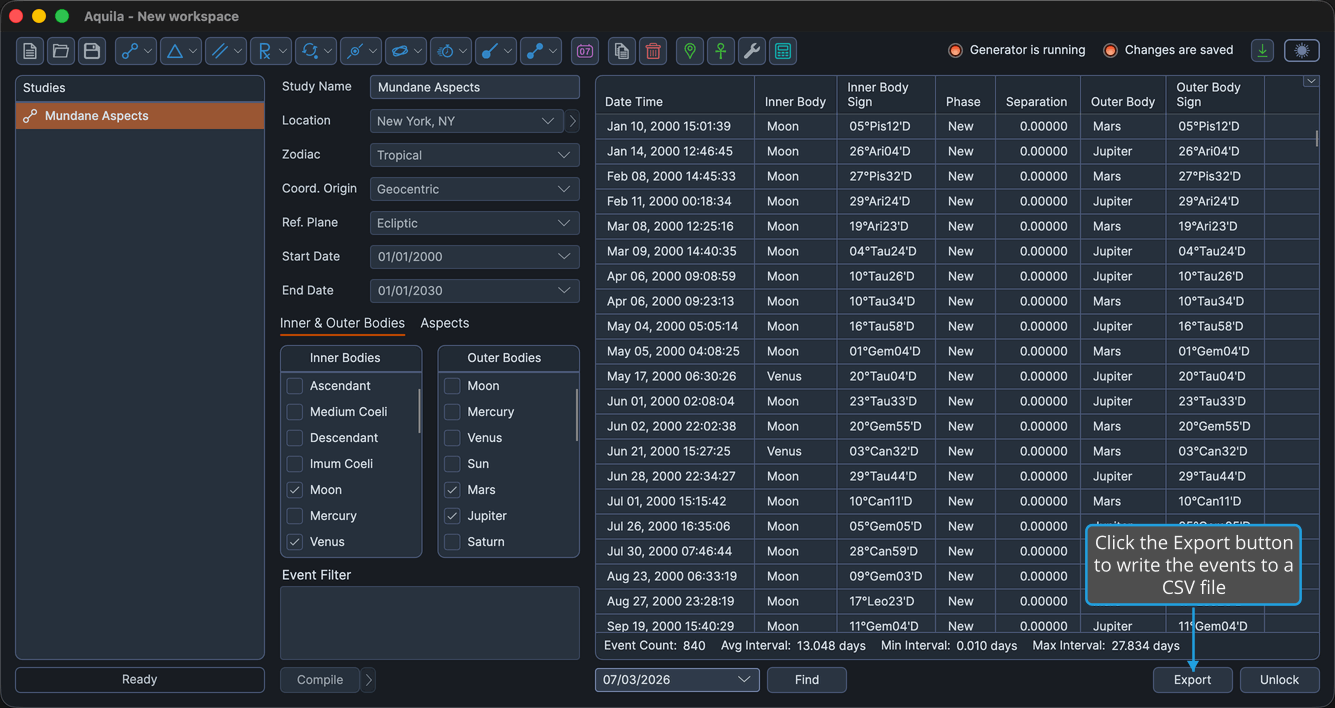 A generator study with a populated events table showing the Export button.
