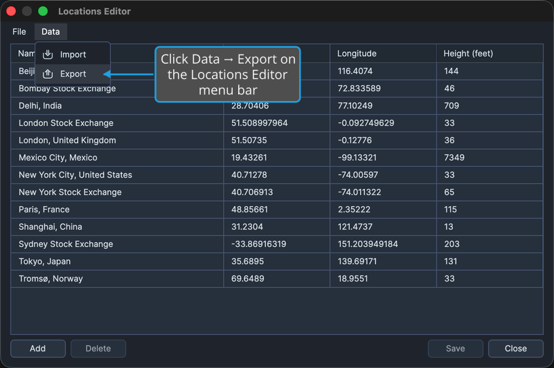 The Locations Editor window, holding at least one location so Export is enabled, with its Data menu open above the table.