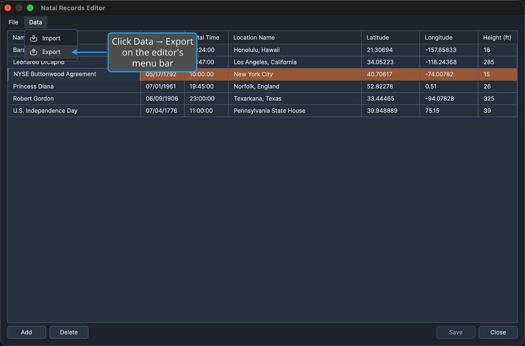 The Natal Records Editor with its Data menu open, showing the Export command.