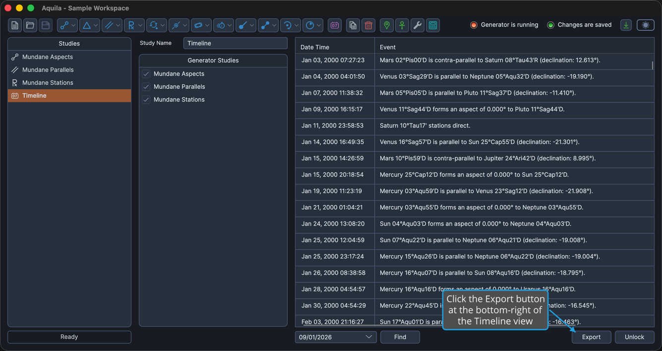 A loaded Timeline study, so the Export button is available at the bottom-right of the Timeline view.